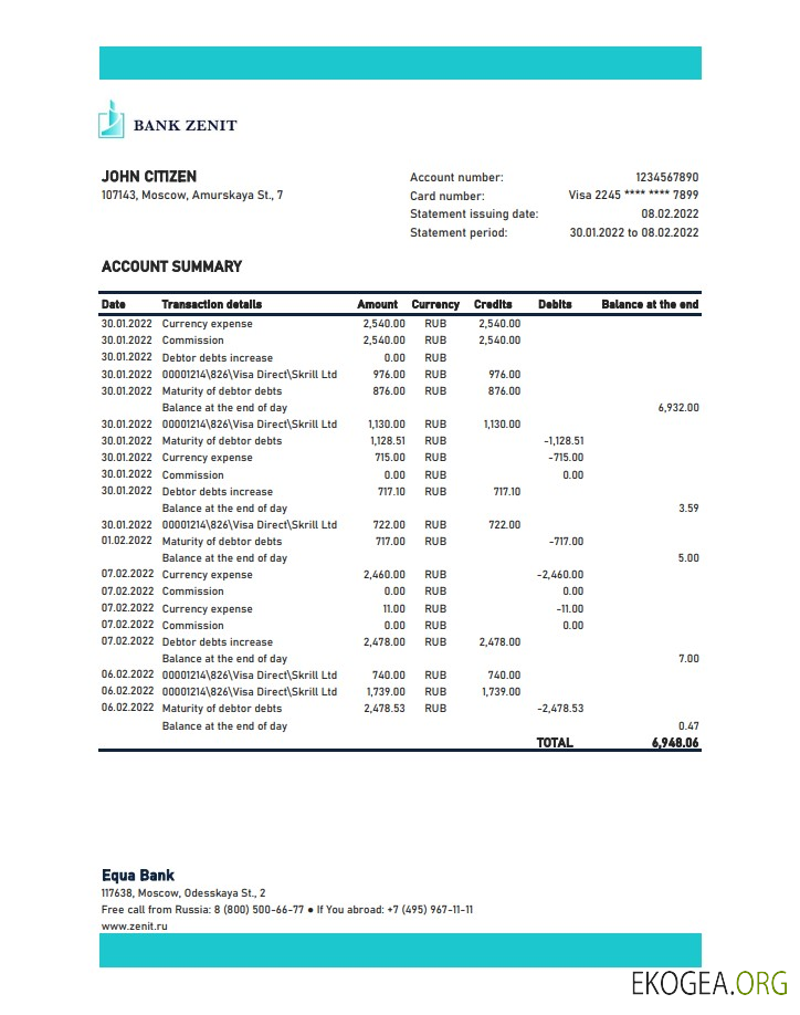 Relevé de la Zenit Bank de Russie xls